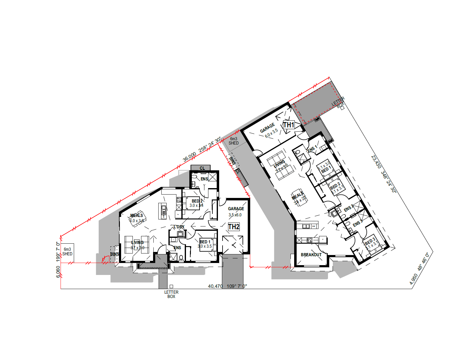 Darley Units floor plan with room dimensions for both townhouses
