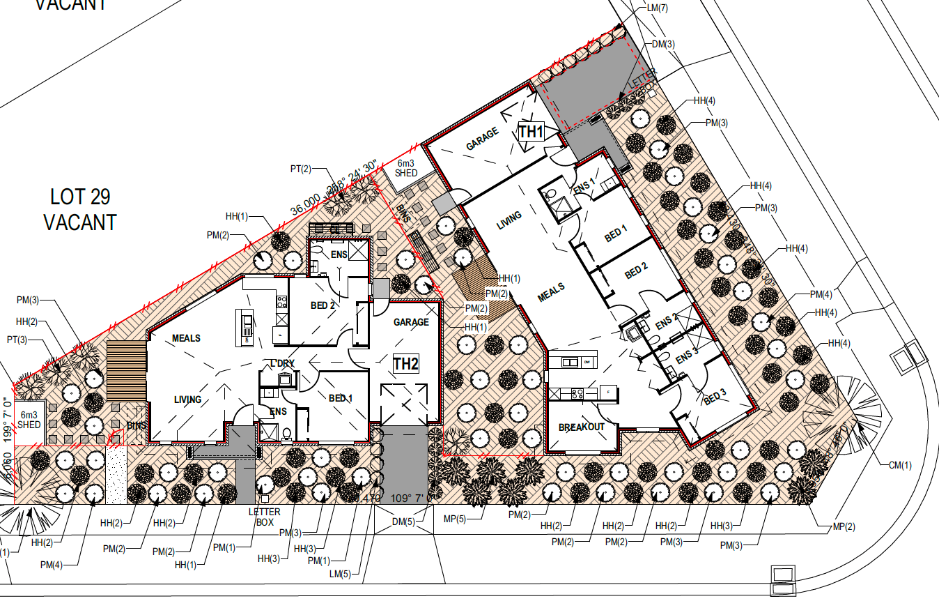 Darley Units site plan showing TH1 and TH2 layout with landscaping